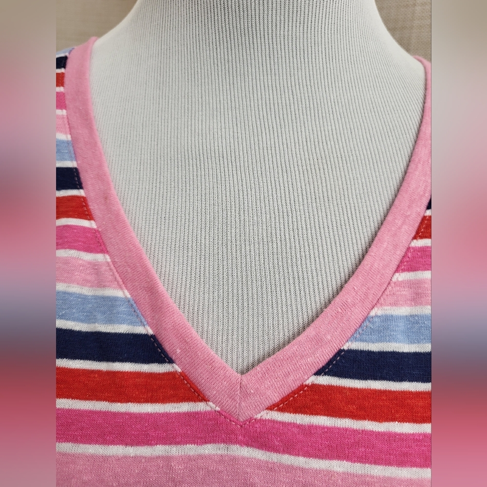 Talbots Women's Red Pink Blue White Stripe V-Neck  Linen Casual T-Shirt Size Med - Picture 7 of 11